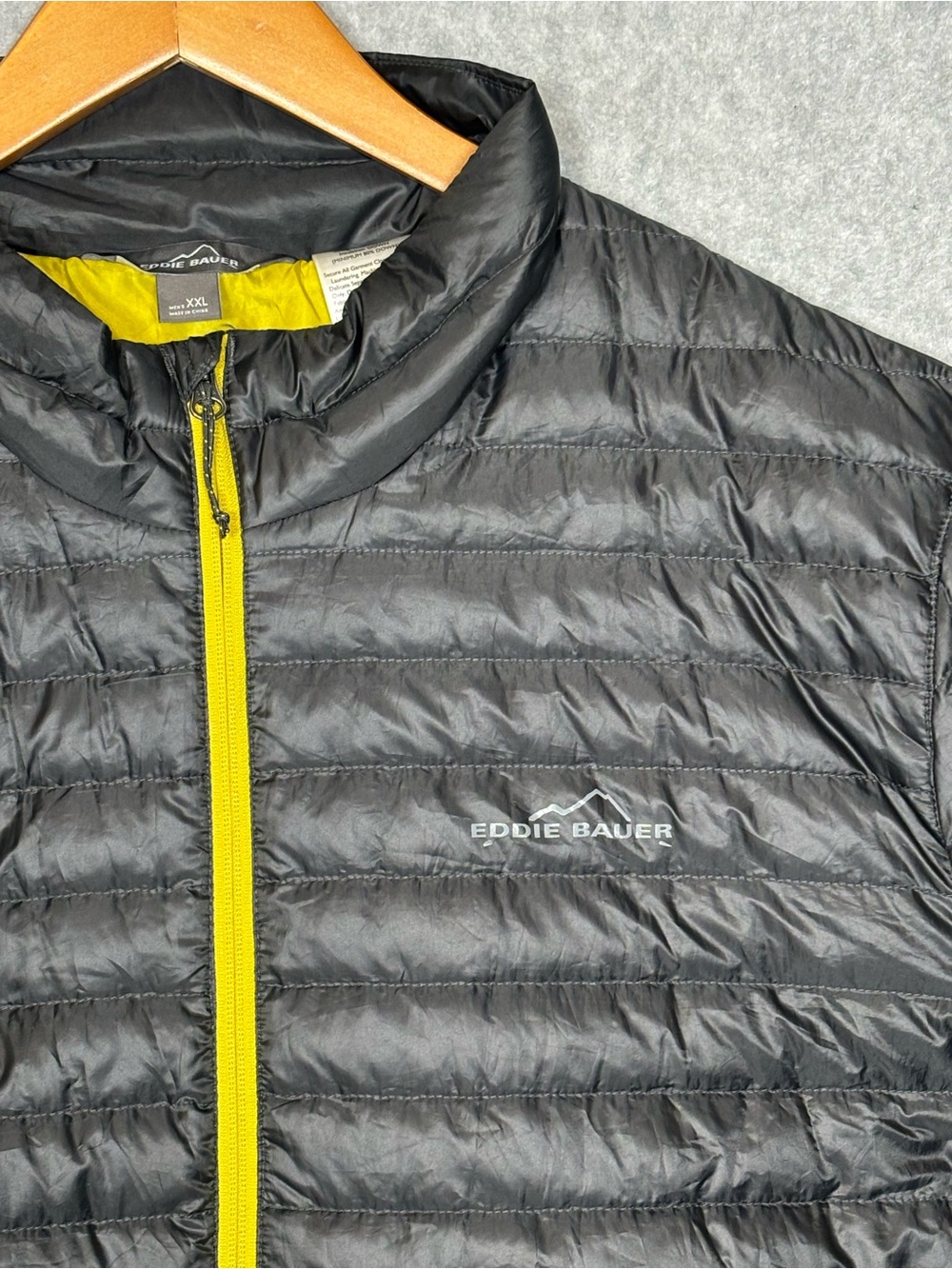 Eddie Bauer EB650 Down Fill Puffer Jacket-Dark Gray/Yellow-Men Size XXL